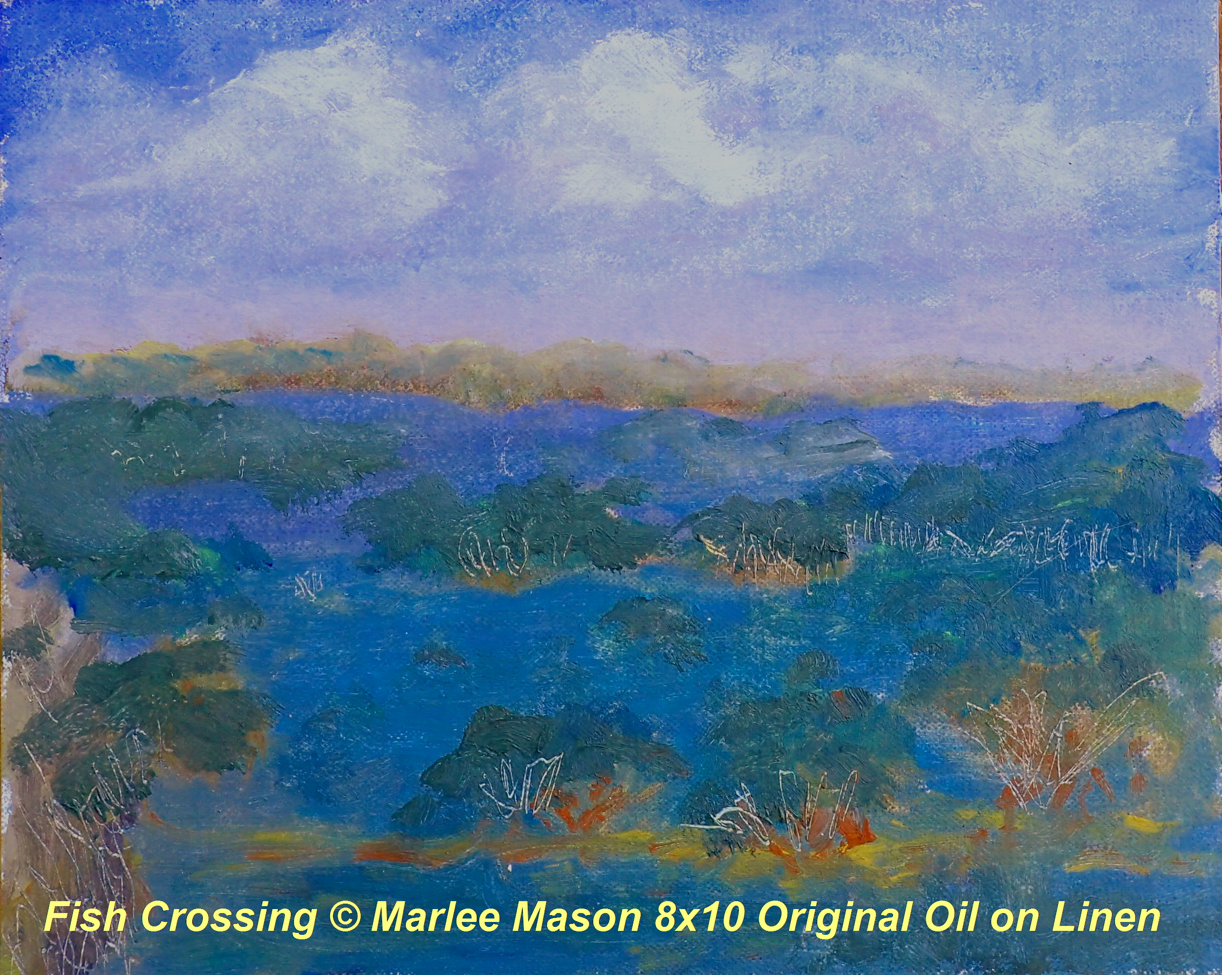 8x10 Original Plein Air on Linen.  Several years ago the Friends of The Environment created a culvert on the road to Camp Abaco to allow the fish to reproduce in the shallow mangrove area and flow bac